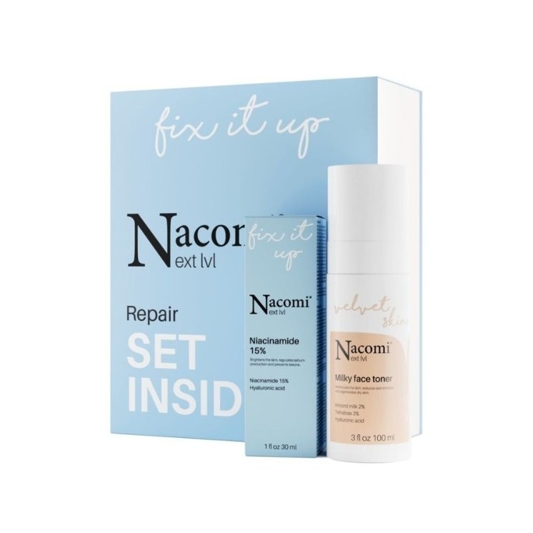 Nacomi Next Level Repair Gift Set Hydraterende melktonic 100 ml + Niacinamin Serum 15% 30 ml